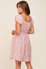 Light Pink Floral Shirred Short Sleeve Dress