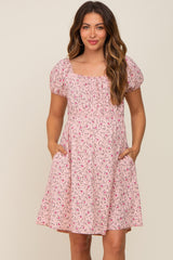 Light Pink Floral Shirred Short Sleeve Maternity Dress