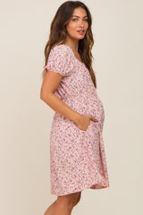 Light Pink Floral Shirred Short Sleeve Maternity Dress