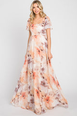 Peach Floral Chiffon Smocked Short Sleeve Maxi Dress