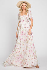 Pink Floral Chiffon Smocked Short Sleeve Maternity Maxi Dress