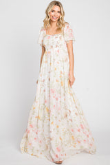 Cream Floral Chiffon Smocked Short Sleeve Maxi Dress