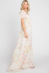 Cream Floral Chiffon Smocked Short Sleeve Maxi Dress