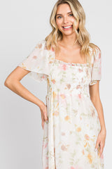 Cream Floral Chiffon Smocked Short Sleeve Maxi Dress