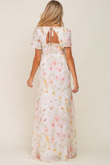 Cream Floral Chiffon Smocked Short Sleeve Maternity Maxi Dress