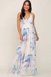 Lavender Feather Printed Chiffon Wrap Front Maternity Maxi Dress