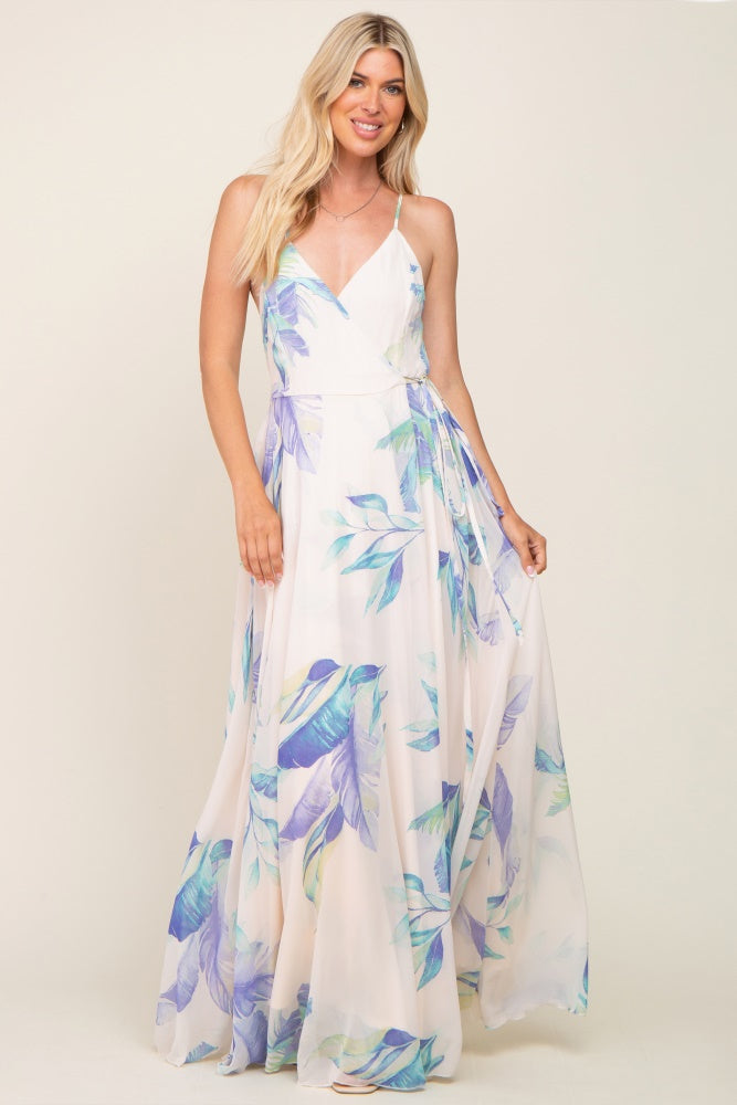 Lavender Feather Printed Chiffon Wrap Front Maxi Dress – PinkBlush