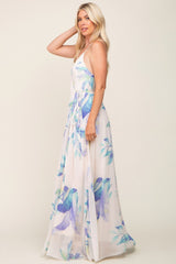 Lavender Feather Printed Chiffon Wrap Front Maxi Dress