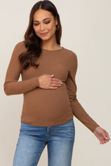 Mocha Ribbed Long Sleeve Maternity Crop Top