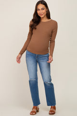 Mocha Ribbed Long Sleeve Maternity Crop Top