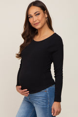 Black Ribbed Long Sleeve Maternity Crop Top