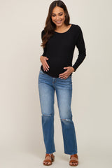 Black Ribbed Long Sleeve Maternity Crop Top