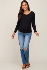 Black Ribbed Long Sleeve Maternity Crop Top