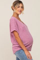 Magenta Ribbed Cuffed Short Sleeve Maternity Top