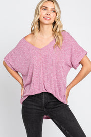 Magenta Ribbed Cuffed Short Sleeve Top