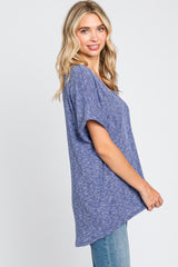 Navy Ribbed Cuffed Short Sleeve Top