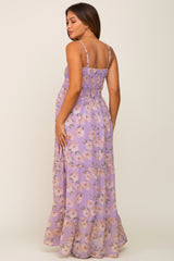 Lavender Floral Swiss Dot Smocked Maternity Maxi Dress