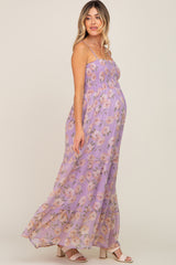 Lavender Floral Swiss Dot Smocked Maternity Maxi Dress