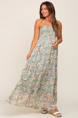 Mint Green Floral Swiss Dot Smocked Maternity Maxi Dress