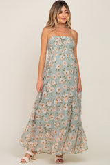 Mint Green Floral Swiss Dot Smocked Maternity Maxi Dress