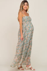 Mint Green Floral Swiss Dot Smocked Maternity Maxi Dress