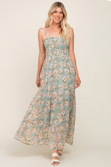 Mint Green Floral Swiss Dot Smocked Maternity Maxi Dress