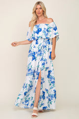 Blue Floral Overlay Off-Shoulder Side Slit Maternity Maxi Dress