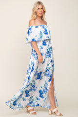 Blue Floral Overlay Off-Shoulder Side Slit Maxi Dress