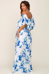 Blue Floral Overlay Off-Shoulder Side Slit Maternity Maxi Dress