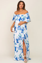 Blue Floral Overlay Off-Shoulder Side Slit Maternity Maxi Dress