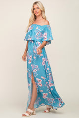 Aqua Floral Overlay Off-Shoulder Side Slit Maxi Dress