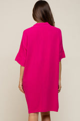 Fuchsia Linen Front Button Collared Maternity Dress