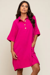 Fuchsia Linen Front Button Collared Dress