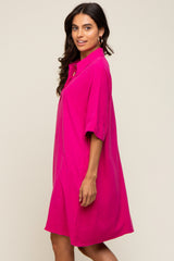 Fuchsia Linen Front Button Collared Dress