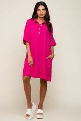 Fuchsia Linen Front Button Collared Dress