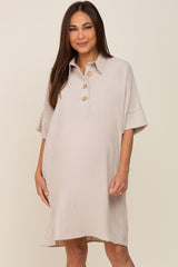 Beige Linen Front Button Collared Maternity Dress