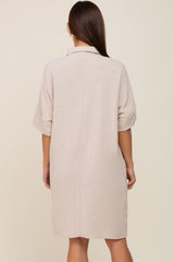 Beige Linen Front Button Collared Maternity Dress