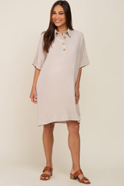 Beige Linen Front Button Collared Maternity Dress