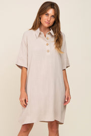 Beige Linen Front Button Collared Dress