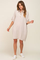 Beige Linen Front Button Collared Dress