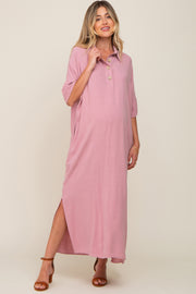 Pink Collared Linen Maternity Maxi Dress