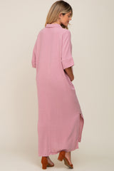 Pink Collared Linen Maternity Maxi Dress