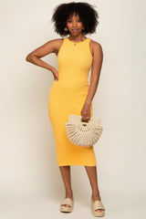 Gold Sleeveless Ribbed Knit Fitted Maternity Midi Dress