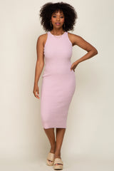 Light Pink Sleeveless Ribbed Knit Fitted Maternity Midi Dress