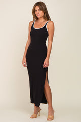 Black Ribbed Colorblock Scoop Back Side Slit Maxi Dress