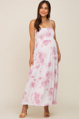 Mauve Floral Sleeveless Smocked Maternity Maxi Dress