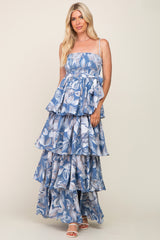 Blue Floral Ruffle Tiered Smocked Maxi Dress