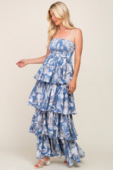 Blue Floral Ruffle Tiered Smocked Maxi Dress