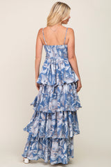 Blue Floral Ruffle Tiered Smocked Maxi Dress