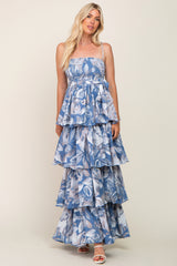 Blue Floral Ruffle Tiered Smocked Maxi Dress